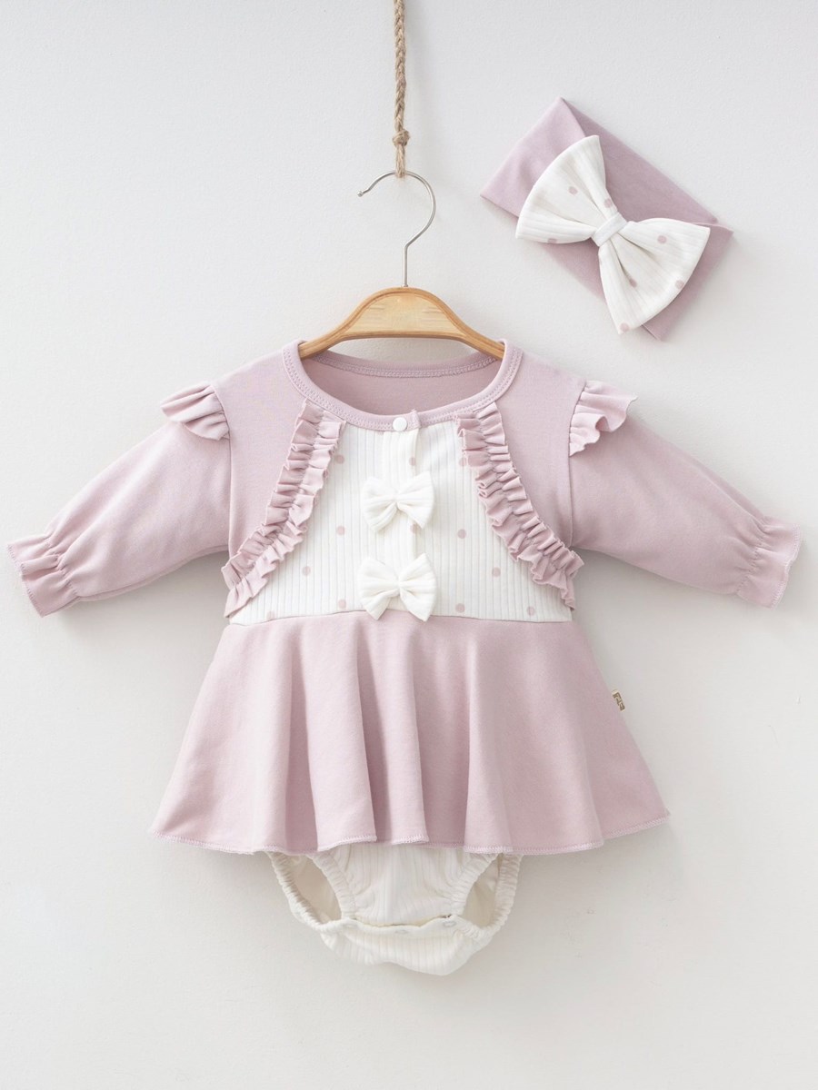Puantiyeli Bandanalı Kız Bebek Elbisesi - Açık Lila