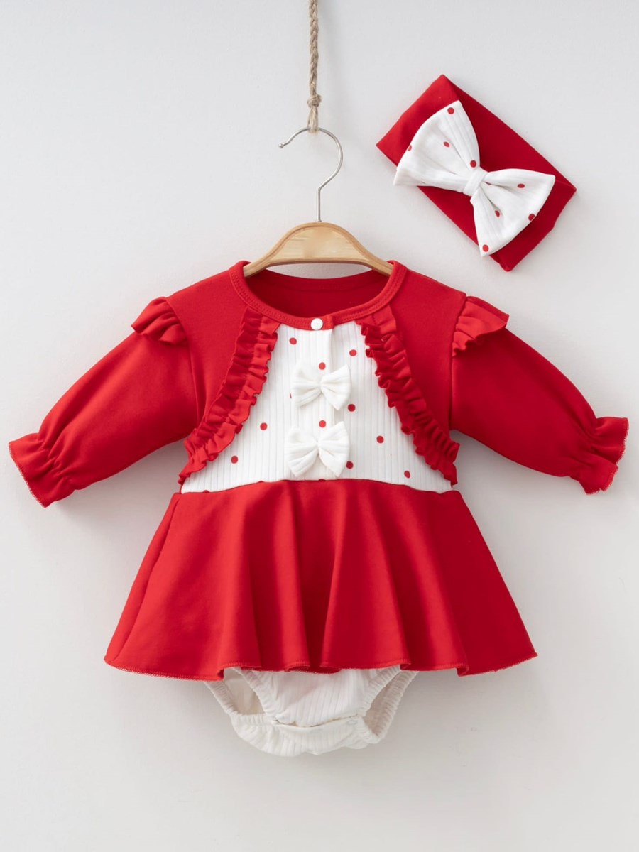 Puantiyeli Bandanalı Kız Bebek Elbisesi - Kırmızı